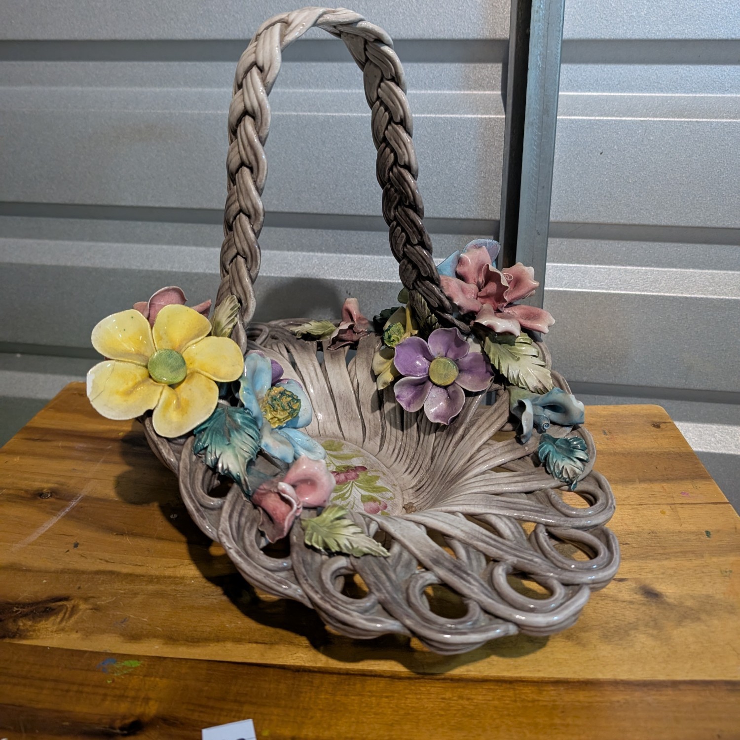 Vintage Italian Capodimonte Porcelain Woven Flower Basket