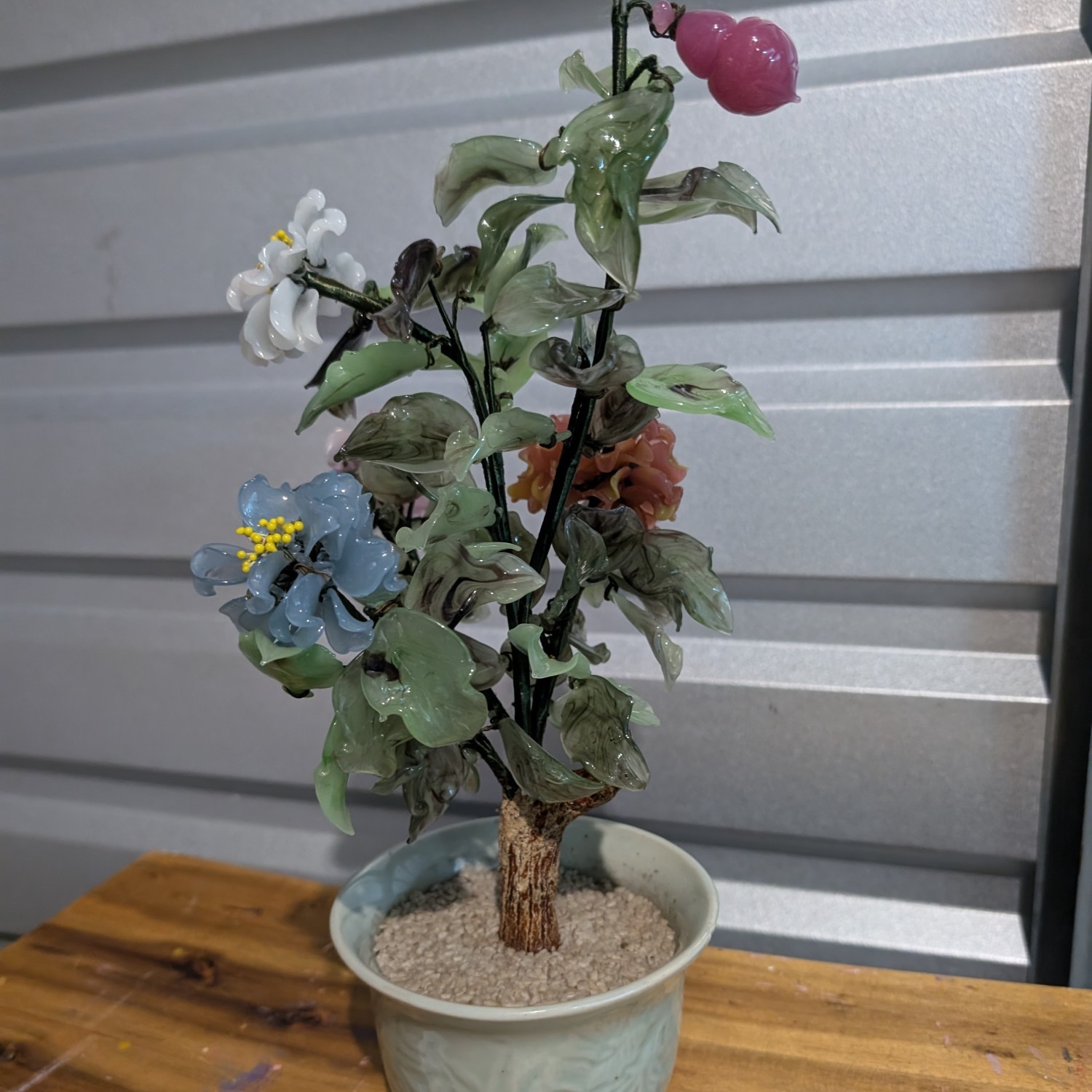 Vintage Chinese Glass Jade Bonsai Tree (15” tall)